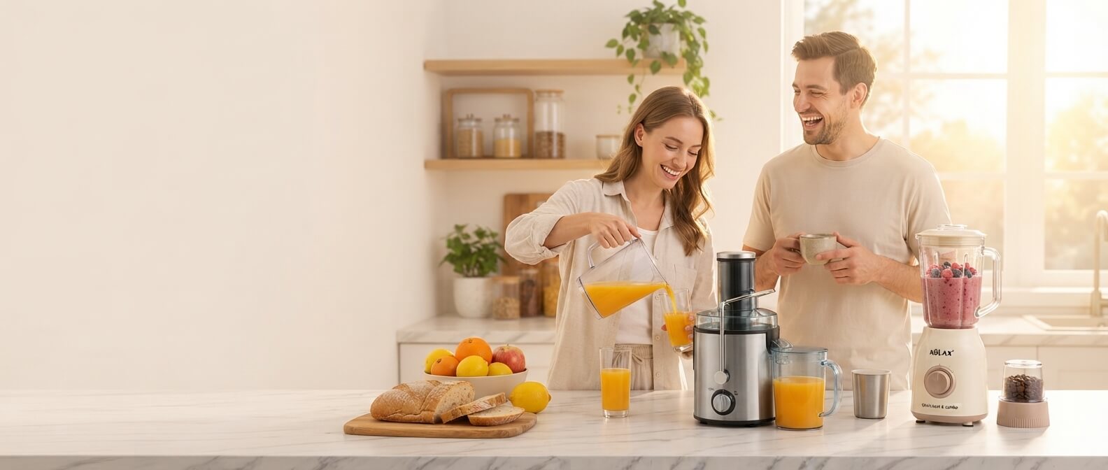 Couple pouring fresh orange juice from a KöLAX juicer at breakfast