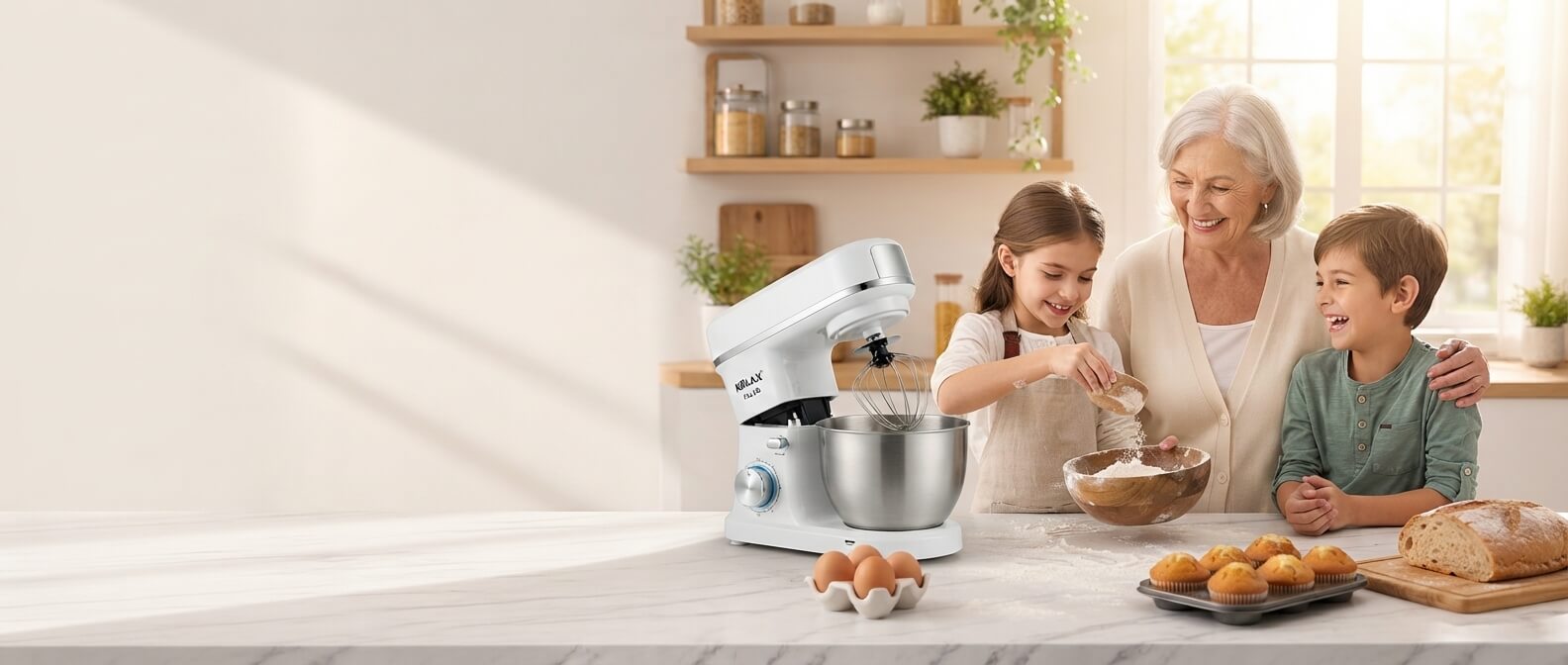 Grandmother baking with her grandchildren using a KöLAX stand mixer