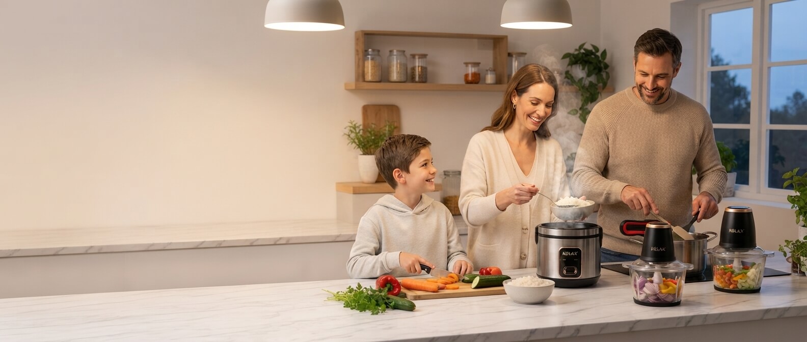 Family cooking dinner together with a KöLAX rice cooker and chopper