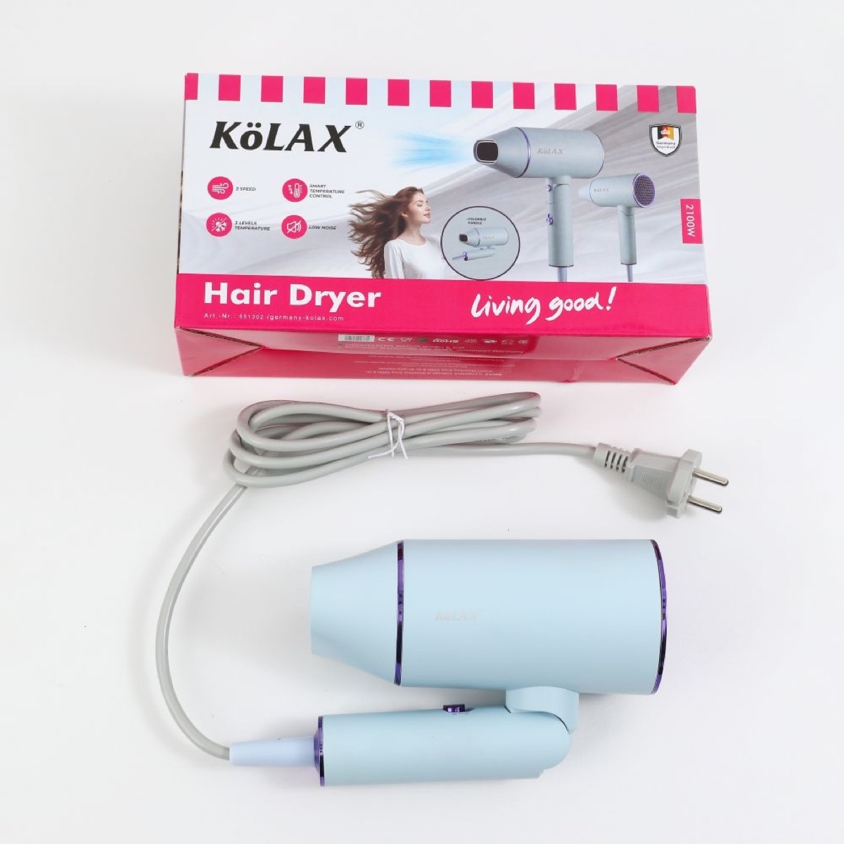 KöLAX Hair Dryer, 2100W Small Foldable Hair Blow Dryer, Fast Drying Travel Hair Dryer, blue, view 2