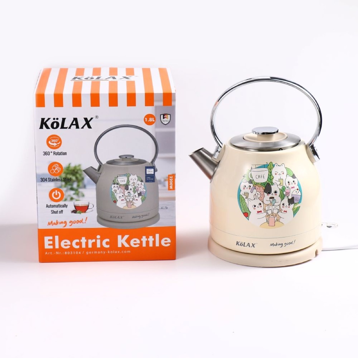 KöLAX Retro Electric Kettle - 304 Stainless Steel and Strix Thermostat, Fast Boiling and Auto Shut-off - 1.8L Capacity, Yellow and Blue, view 2