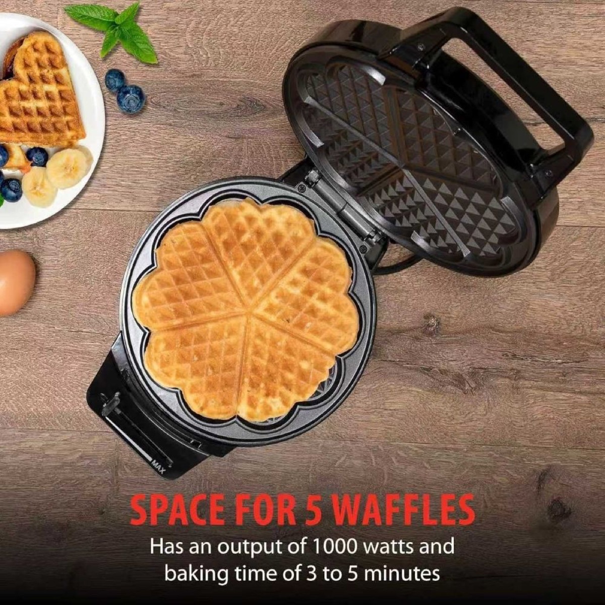KöLAX Heart Waffle Maker, 900W Nonstick Double-side Heating Mini Heart Waffle Maker, Easy to Clean, Home Baking Machine, view 4