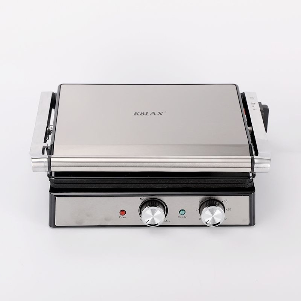 Electric panini press grill open flat up 180 degrees sandwich maker, view 2