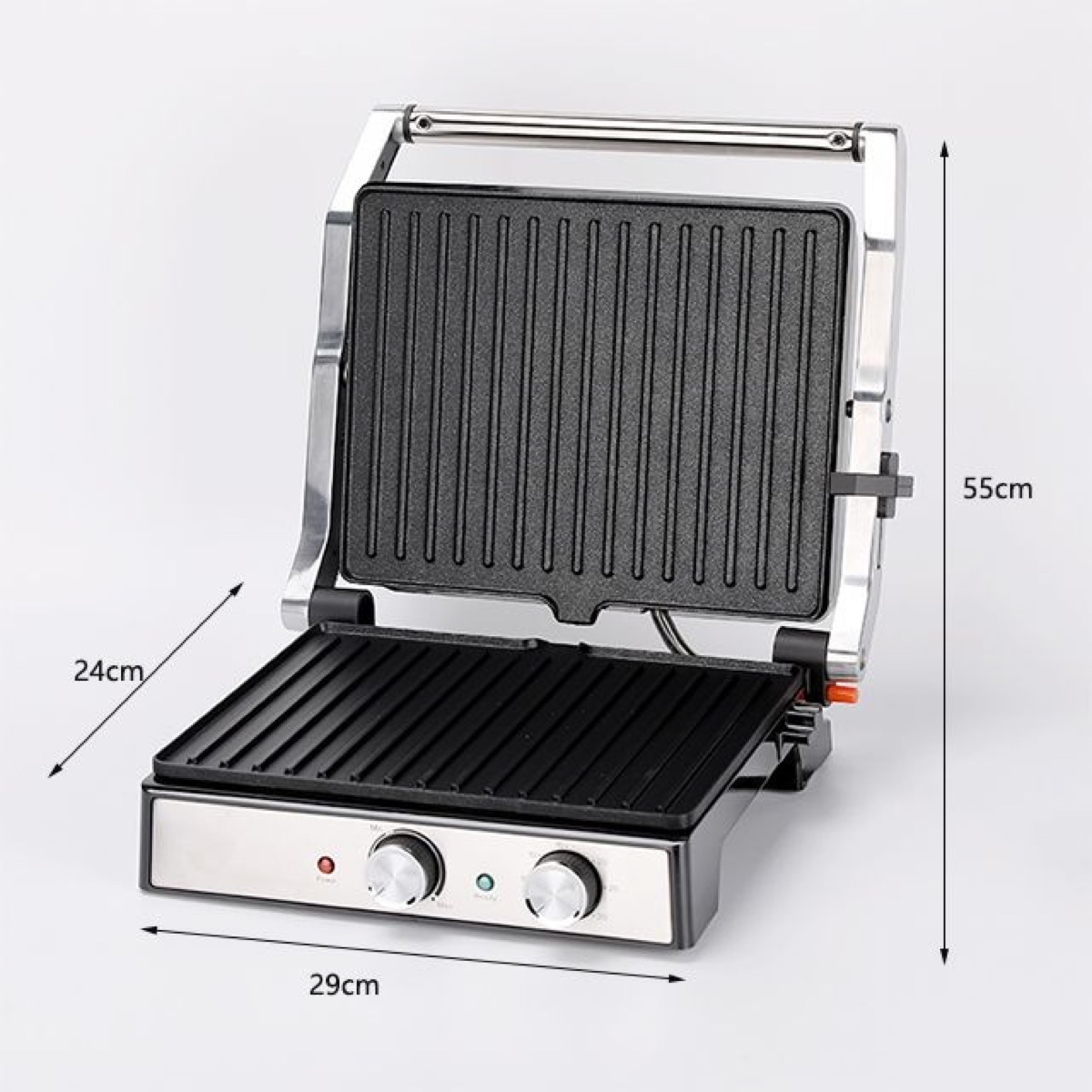 Electric panini press grill open flat up 180 degrees sandwich maker, view 3