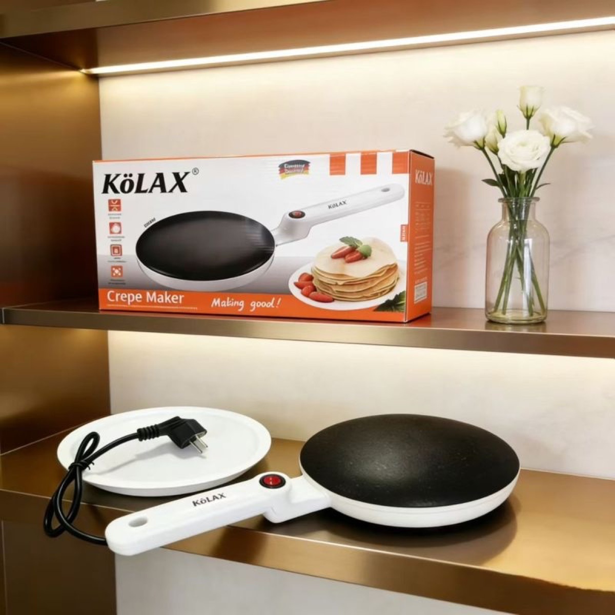 KöLAX Electric Crepe Maker With Auto Power Off, On/Off Switch 8 Inch Portable Crepe Maker & Non-Stick Dipping Plate, Nonstick Ceramic Coating Pan