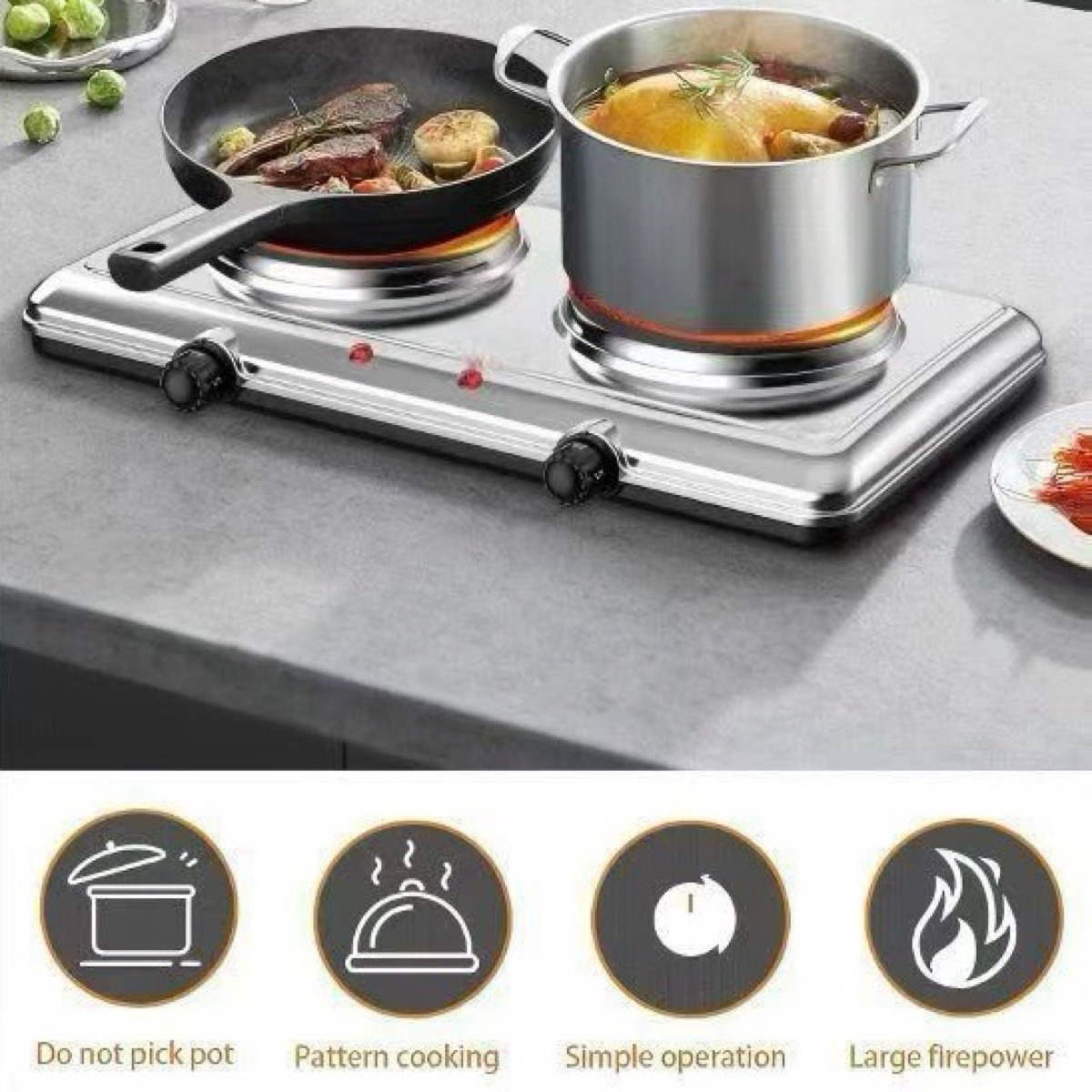 KöLAX Countertop Double Cast Iron Burn1000W+1000W Electric Hot Plate, Temperature Controls, Power Indicator Lights, Easy to Clean, view 4