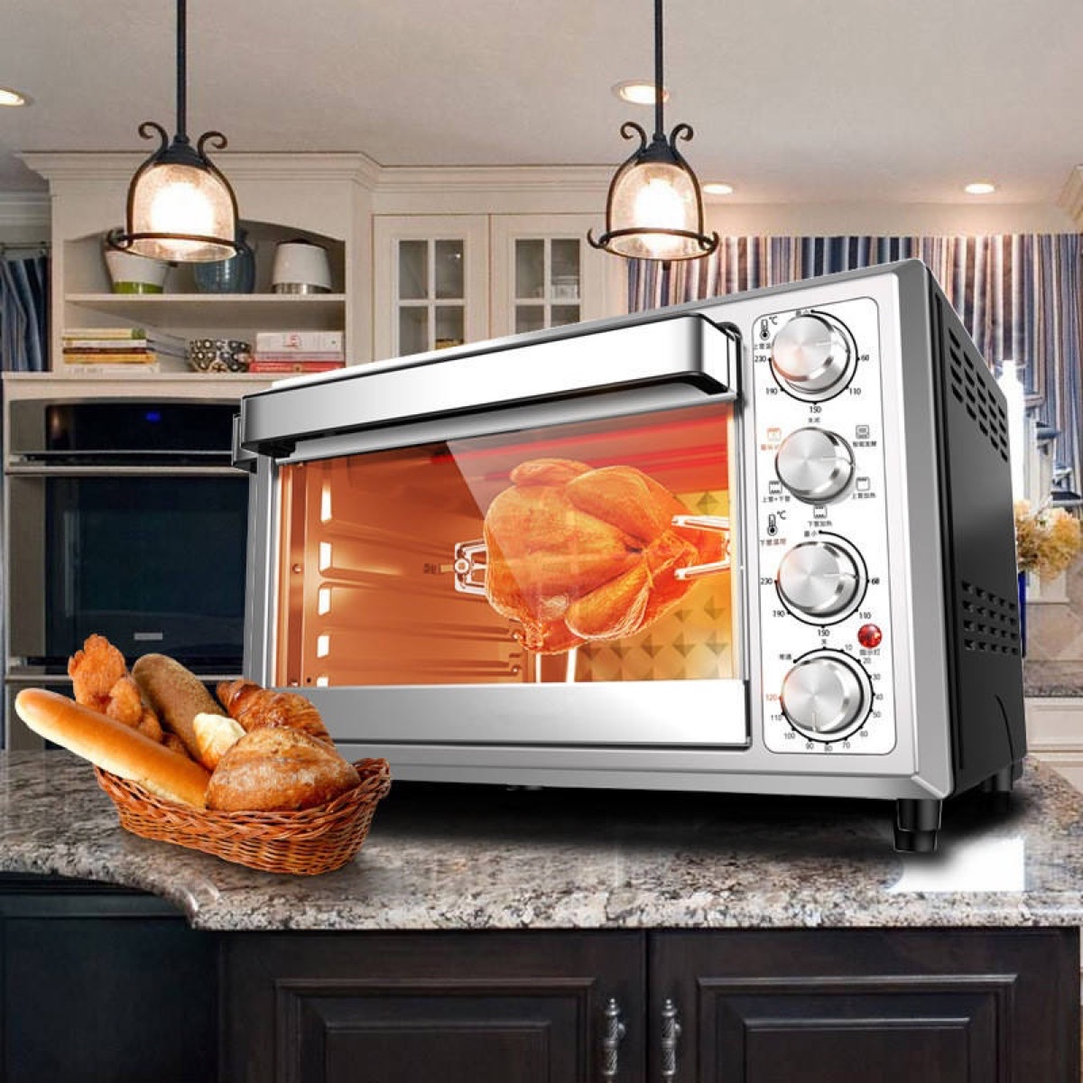 KöLAX Oven 55L, Convection Oven 4-Control Knobs, Bake Broil Toast Rotisserie Keep Warm, Includes Pizza Racks, Stainless Steel, view 3