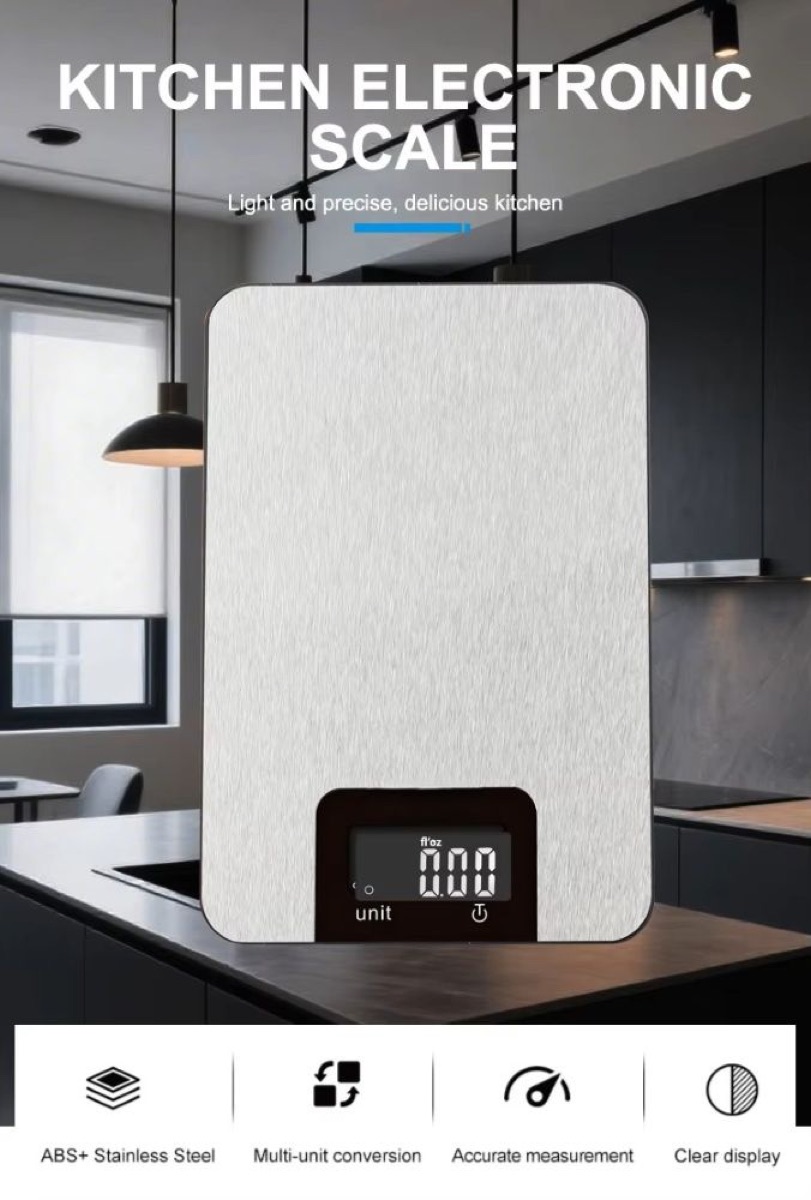 KöLAX Food Scale Kitchen-Scale 5kg Food Scale for Kitchen Stainless Steel LCD Display Many Functions (g/kg/lb:oz/ml/fl'oz) ,Batteries Included, view 3