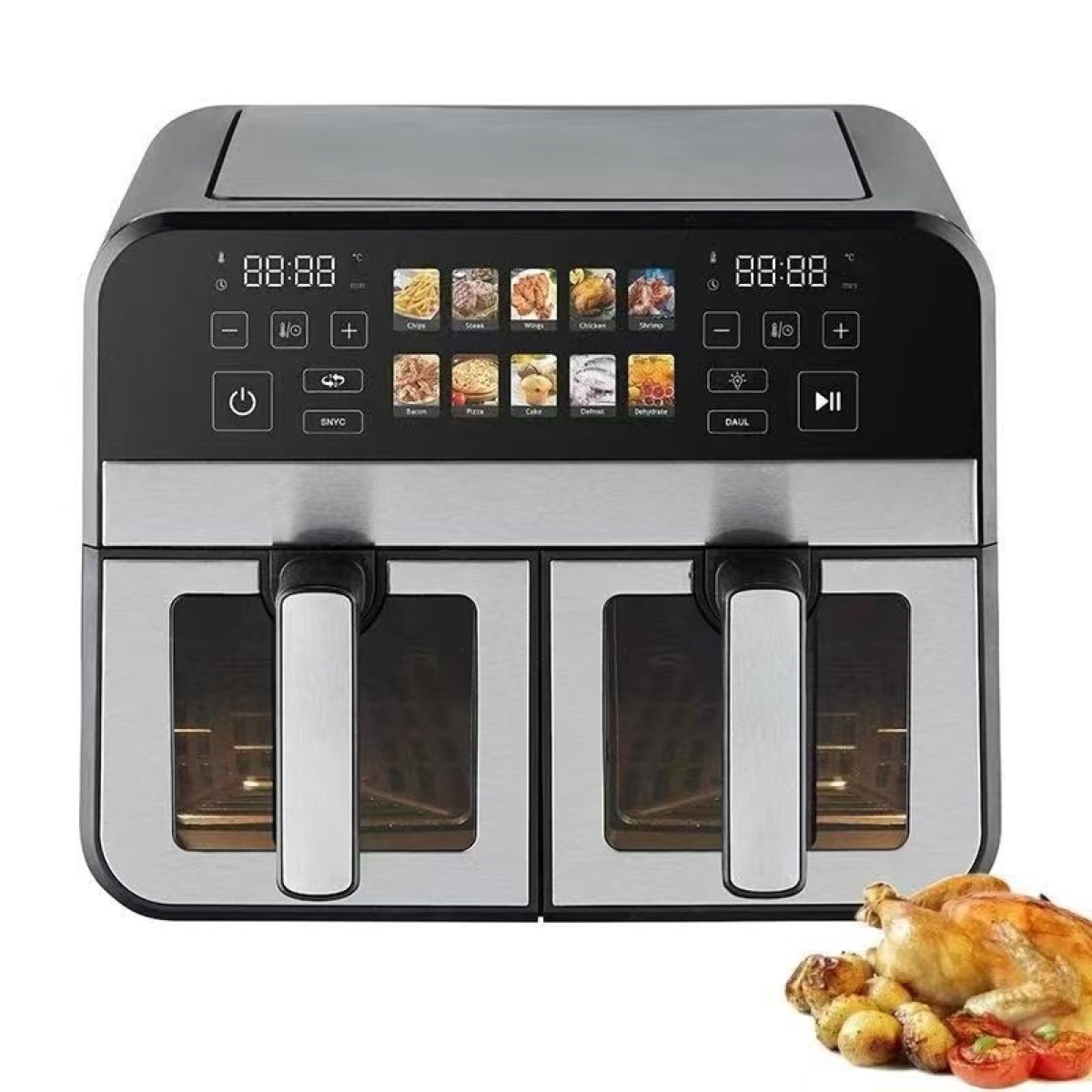 12L Large Dual Basket SS Air Fryer with Viewing Window,10-in-1 Digital Touchscreen Double Zone Air Fryers, SyncCook to Bake,Roast,Reheat,Broil, Nonstick Dishwasher Safe, view 2