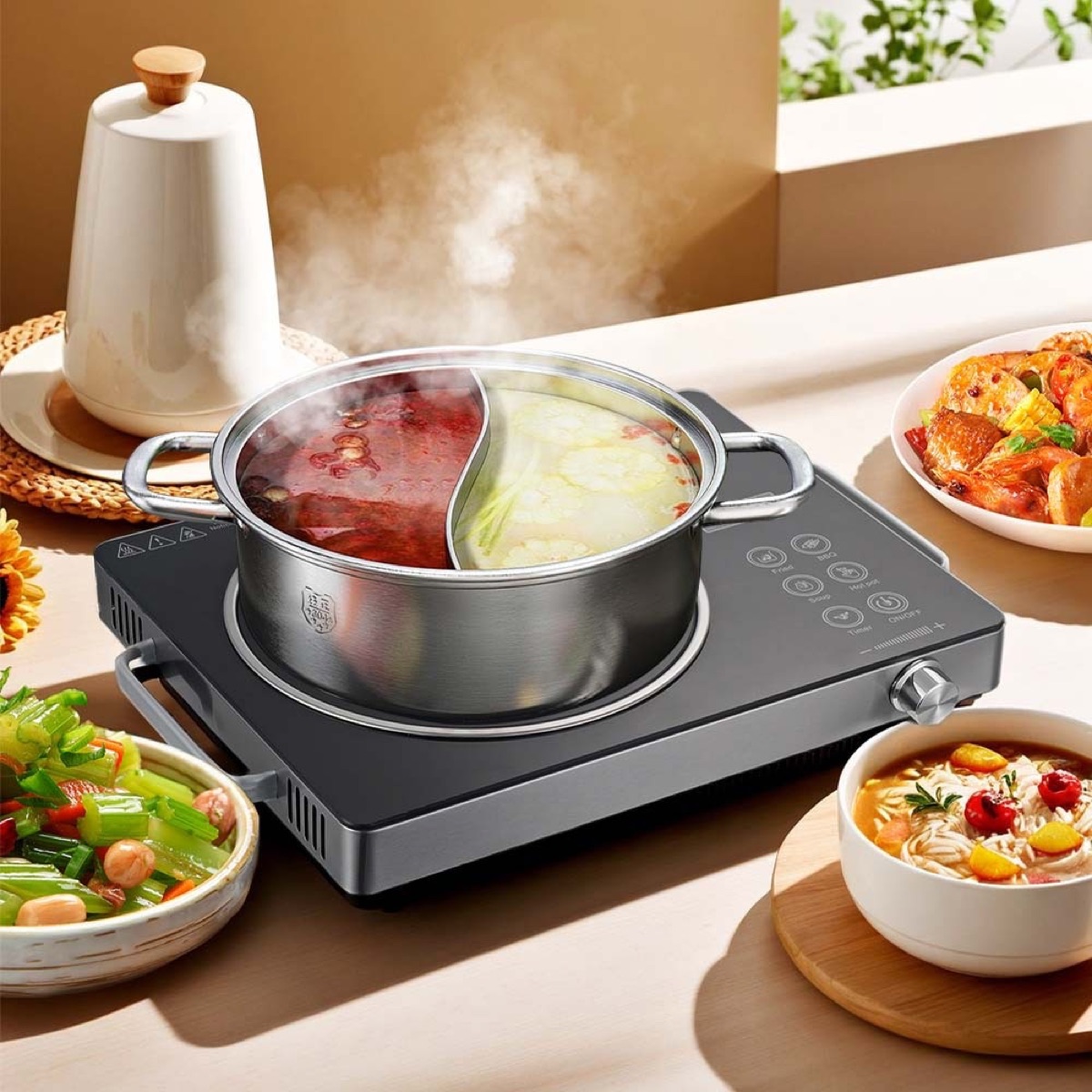 KöLAX Electric Cooktop Hot Plate, 2200W Electric Single Burner with Timer, Adjustable Temperature for Countertop Cooking, Portable Stove Top Infrared Cooker, Compatible for All Cookwares, view 4