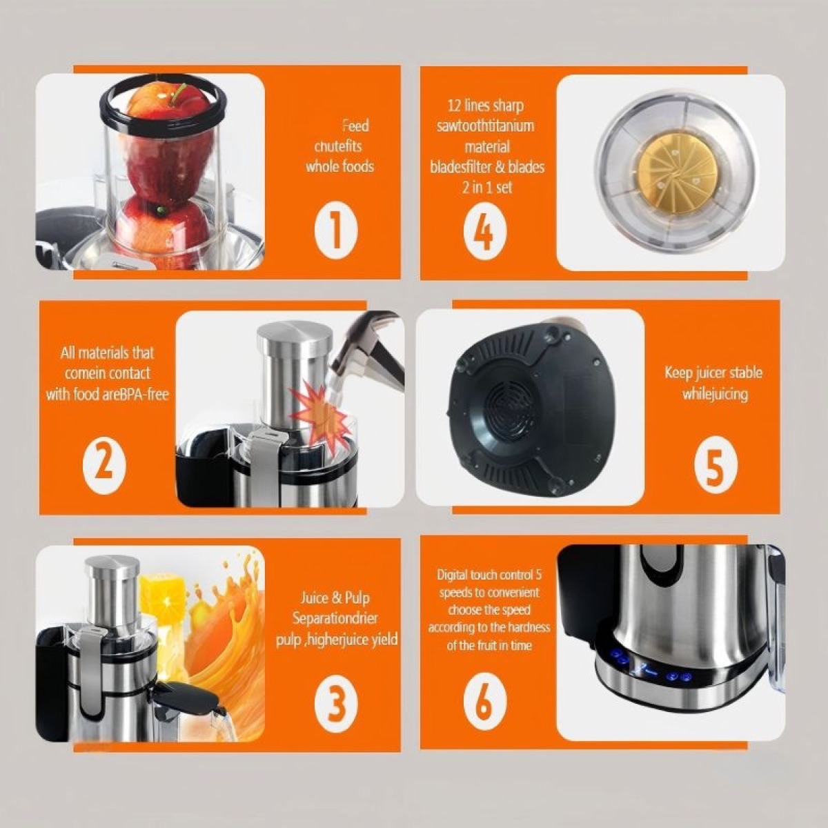 KöLAX 1000W 5-Speed Touch LCD Screen Centrifugal Juicer with 7.5CM Big Wide Chute, Juice Extractor Machines, view 4