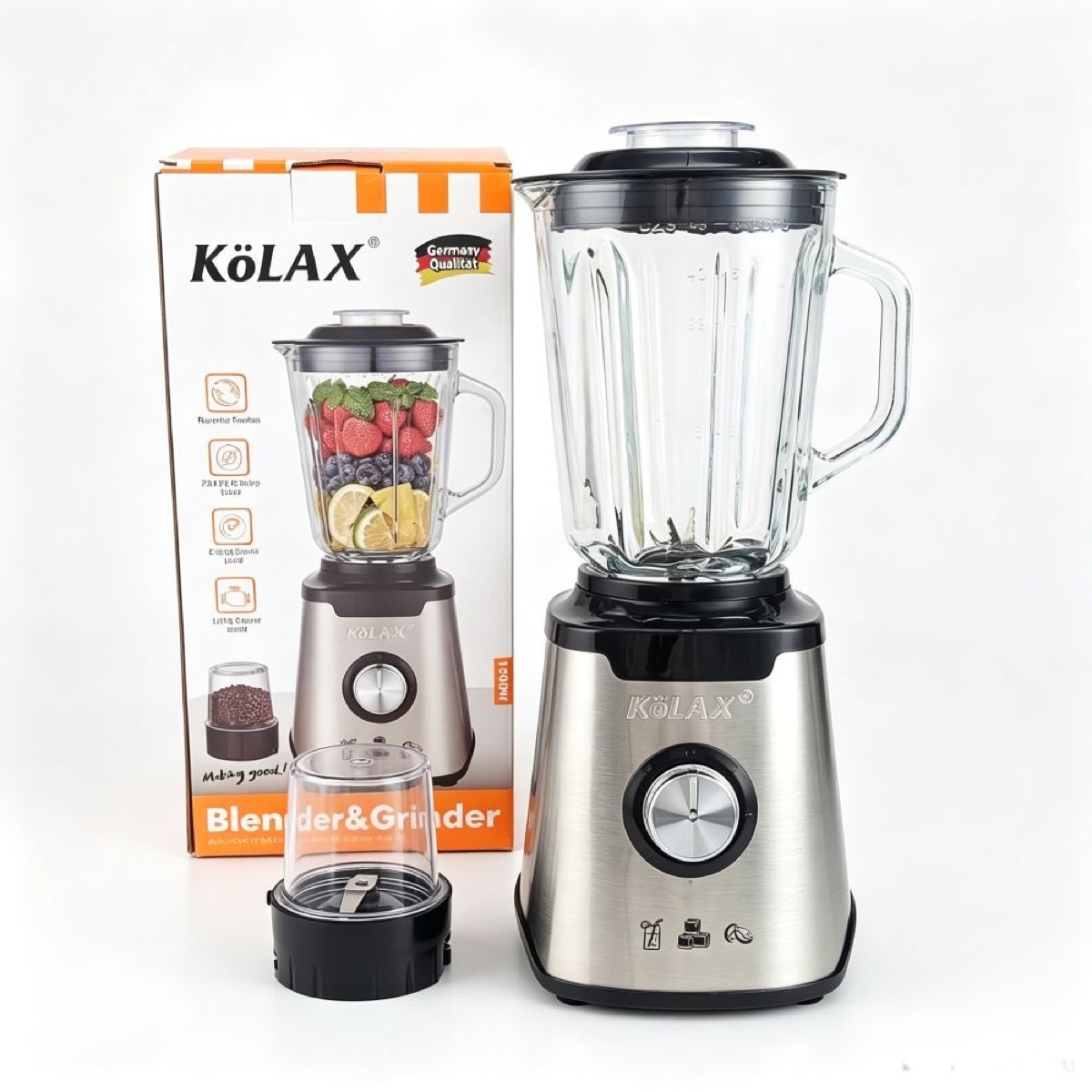 KöLAX Blenders and grinder 2in1 For Kitchen, 1200W Motor Blender with Stainless Countertop,1.5L Glass Jar, Ideal for Puree, Ice Crush, Shakes,bean,and Smoothies